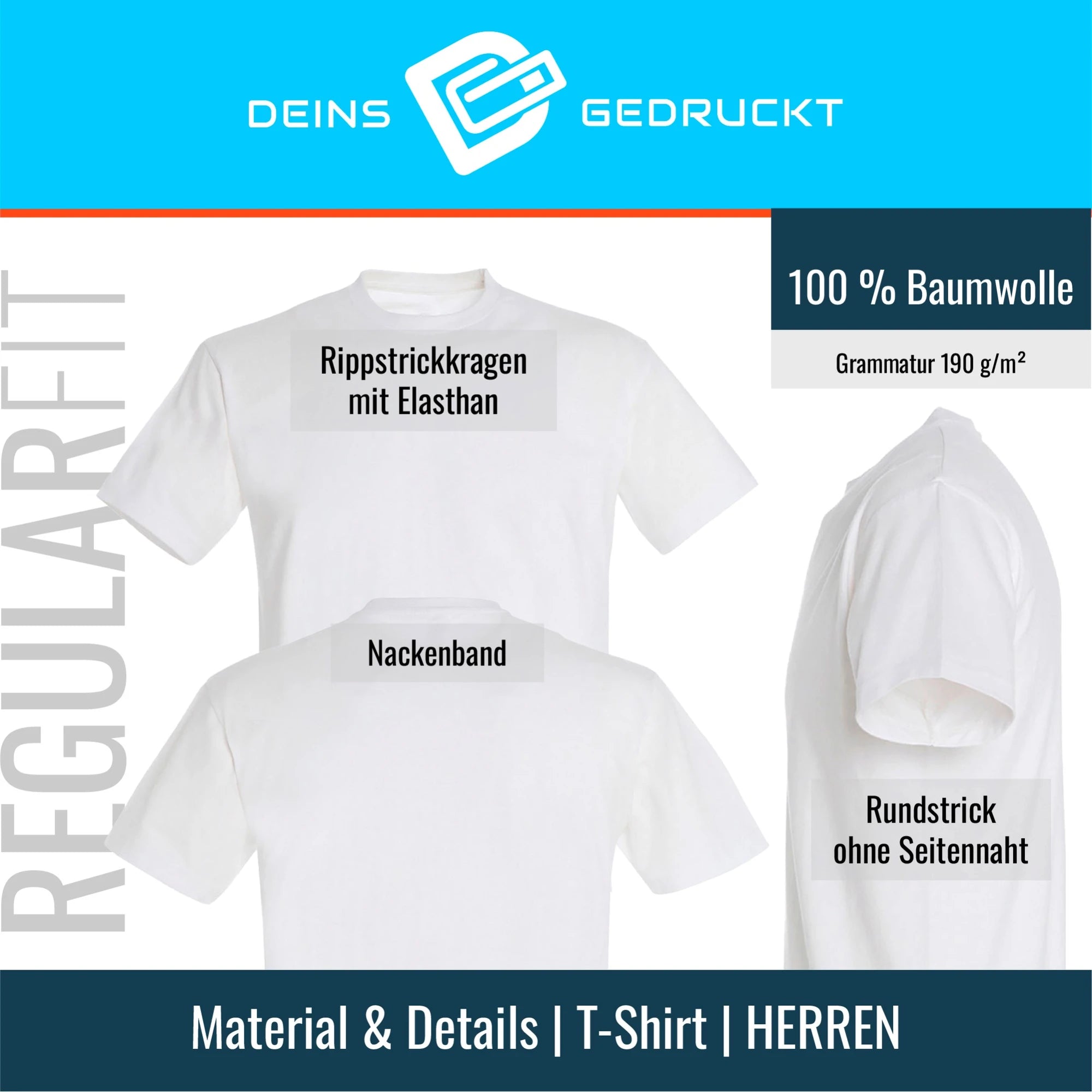 Details Herren T-Shirt – Baumwolle, ohne Seitennaht, Regular Fit mit Nackenband und Elastan-Kragen